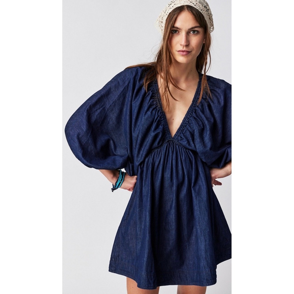 Free People Portia Denim Mini Dress V Neck Size Medium - Picture 3 of 11